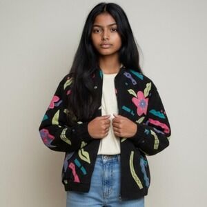 VNTG Alfred Dunner Sheer Floral Bomber Jacket Full Zip Size XL Retro Art to Wear